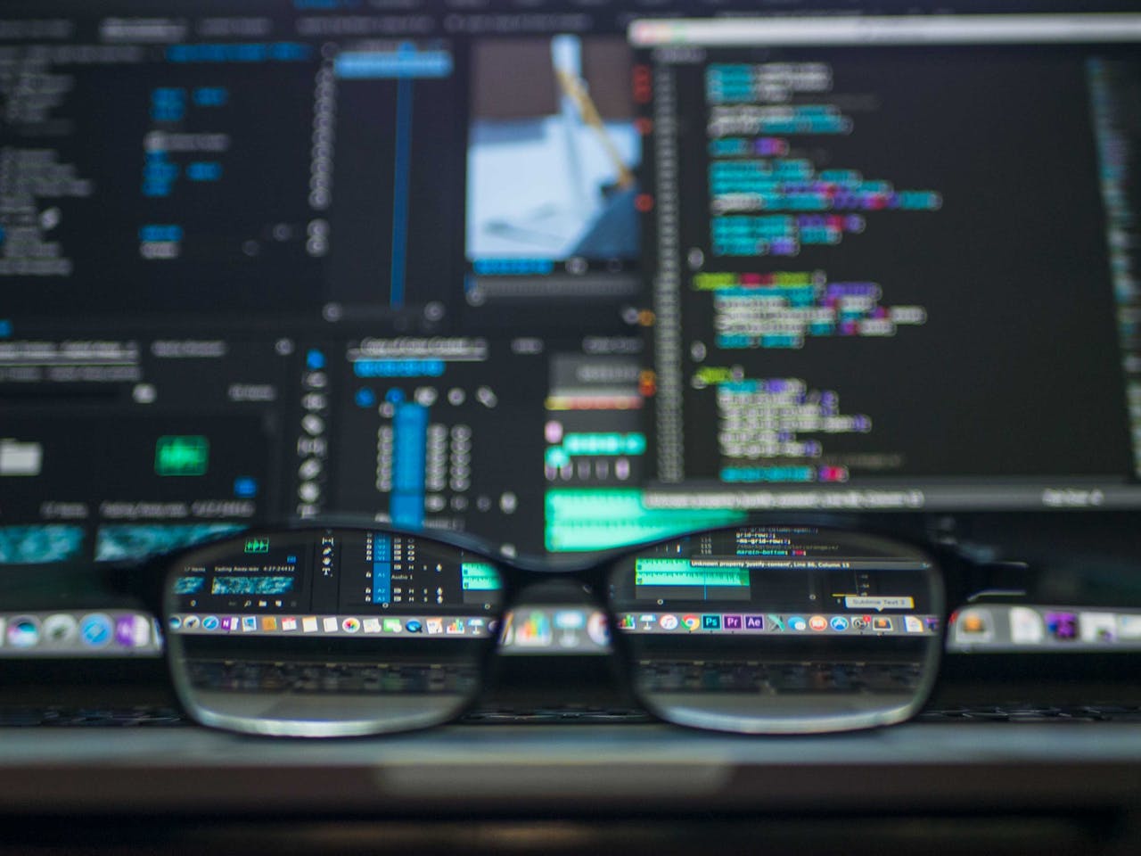 journey Eyeglasses reflecting computer code on a monitor, ideal for technology and programming themes.